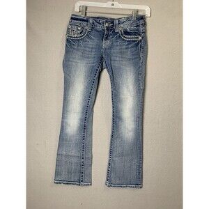 Miss Me Jeans Women 26 Blue Denim Boot Cut Flap Pockets Bling Jewels Boho